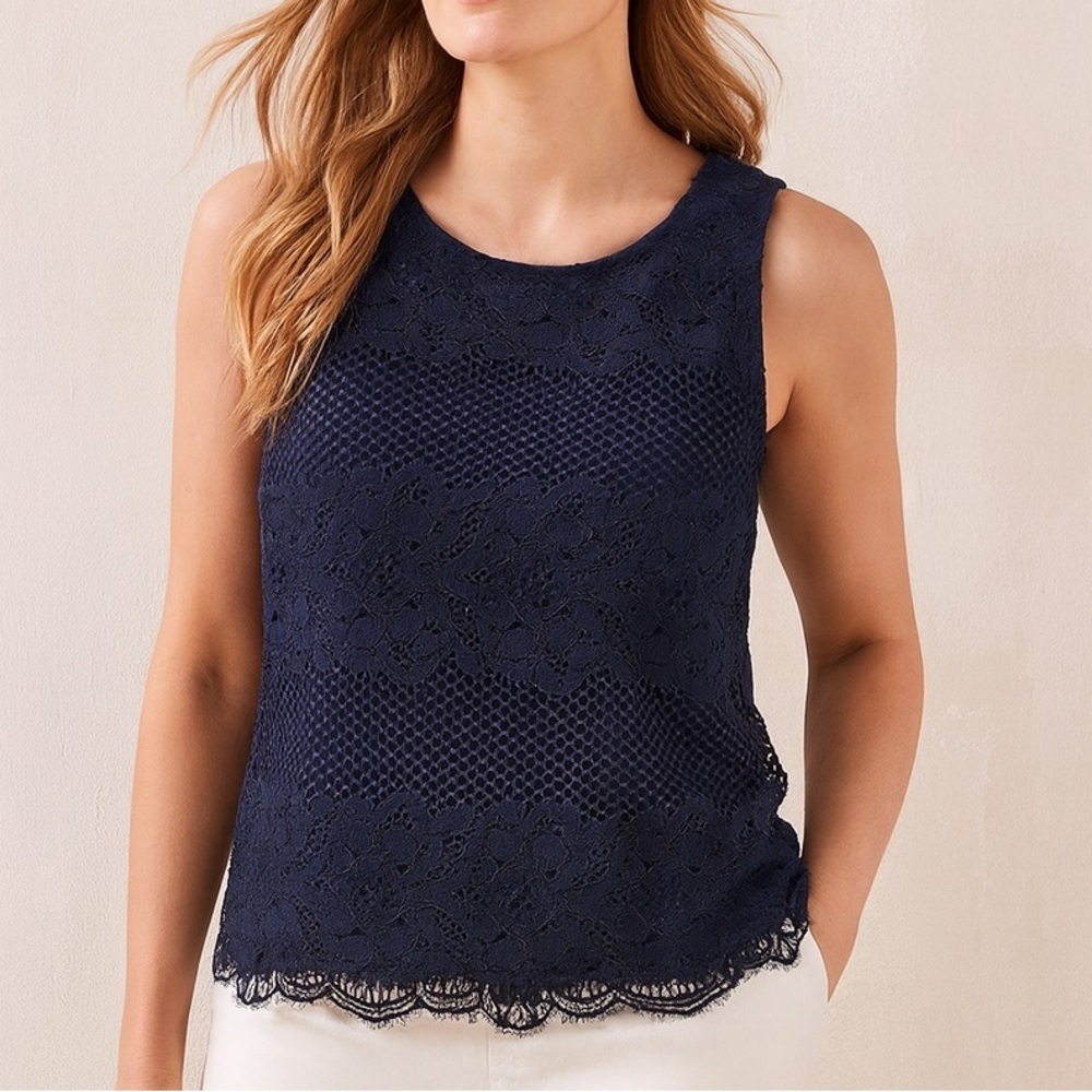 Ann Taylor LOFT Navy Lace Tank Top XSP Petite Sleeveless Blouse Classic Chic Top